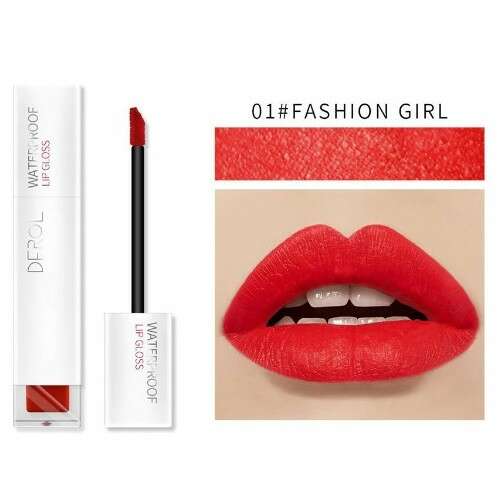 Derol Waterproof Lip Gloss 01 Fashion Girl Matte Liquid Lipstick, red color, long lasting, full coverage, smooth application,  cruelty-free