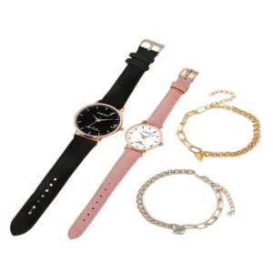 CADVAN two-piece watch set with black and pink leather straps, two magnetic bracelets included - Women's Watch