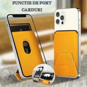 Żółty składany stojak na telefon 2 w 1 z uchwytem na karty, magnetyczny, skóra PU, do iPhone'a, pokazujący funkcję stojaka na telefon - Biurkowy uchwyt na telefon