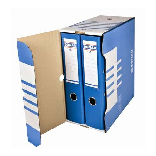 DONAU A4 155 mm cardboard blue archive box, open, with two blue binders inside
