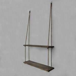 Evila Originals 2-tier hanging shelf, 60x60 cm, pine wood, rope, brown - Furniture