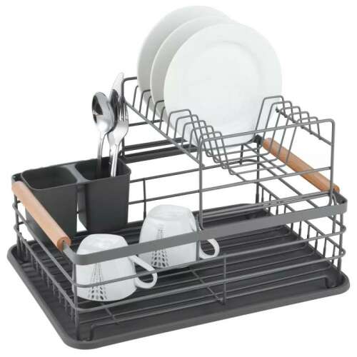 Kinghoff KH 1797 2-Tier Dish Drying Rack with Utensil Holder, Grey