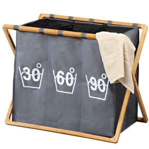 Kesper 19597 3-Compartment Collapsible Laundry Basket with Bamboo Stand, Polyester, Grey/Brown 103003247 - Kesper