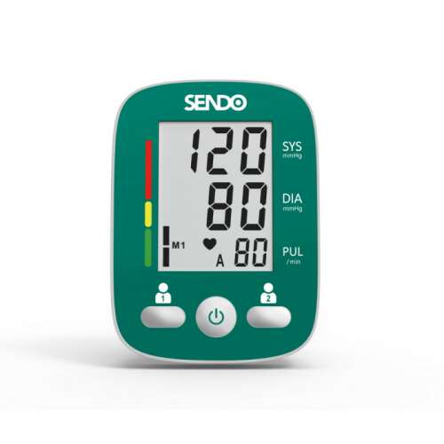 Sendo One digital blood pressure monitor, green and white, for two users, with memory for 90 measurements, detects irregular heartbeat