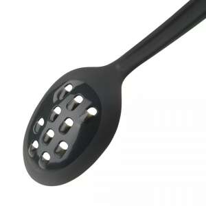 Close-up of the Tasty 678063 slotted serving spoon with a soft grip handle, showing the perforated head and black color. - Ladles & serving spoon