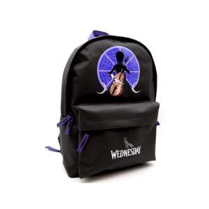Wednesday Addams Rucksack, schwarz mit lila Akzenten, mit einer Silhouette von Wednesday, die Cello spielt, perfekt für Schule, Arbeit oder Reisen - Unipap
