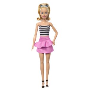 Imagine completă a păpușii Barbie Fashionista în fustă roz și top cu dungi - Mattel Baba