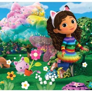 Puzzle Clementoni Gabby's Dollhouse Supercolor 3x48 piese, cu Gabby și Pandy Paws într-o scenă colorată de grădină - Puzzle 3D & Puzzle cu burete