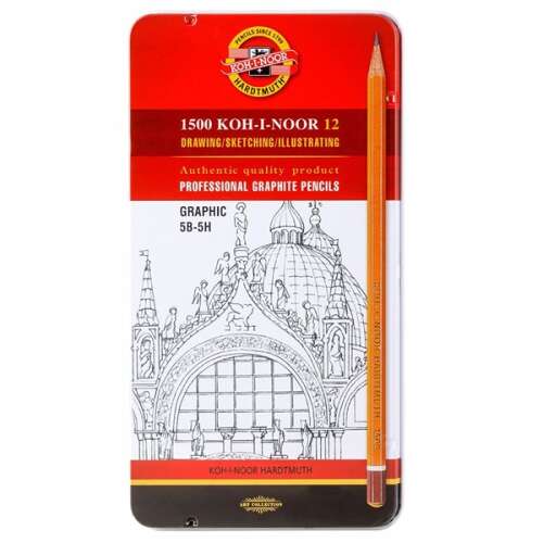 Set de creioane grafite profesionale KOH-I-NOOR 1500 Graphic, 12 bucăți, în cutie metalică