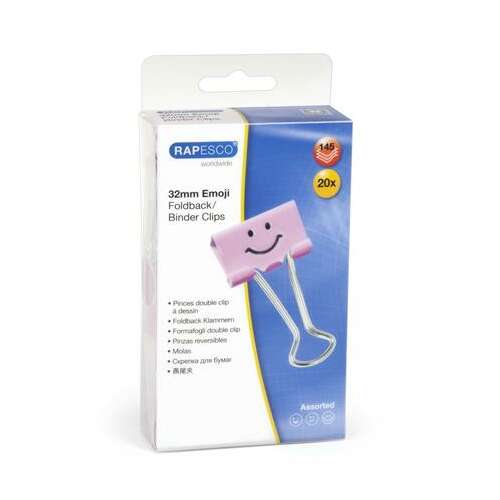 20 db-os csomagolású, rózsaszín, 32 mm-es RAPESCO Emoji Foldback Binder Clip, mosolygós mintával