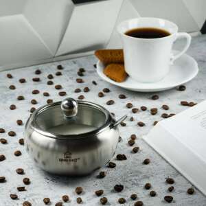 Kinghoff Kh-3732 Satin Zuckerdose mit Löffel, Edelstahl, Glasdeckel, für Kaffee und Tee - Küchen-Organizer