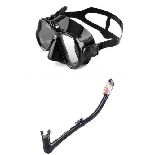 Комплект за гмуркане и фридайвинг Aloma AM708, черен, с маска и шнорхел, двойни лещи, GoPro държач