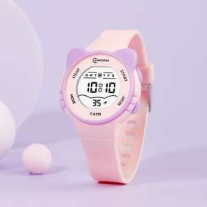 Детски дигитален часовник, Mingrui MR2206L, модел котка, дата, осветление, водоустойчивост 3 атм, розов