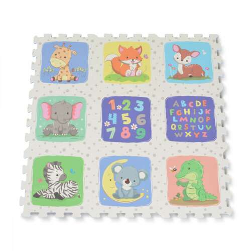 Moni Toys 9 darabos szivacs puzzle, Safari téma, összeszerelve, bemutatva az összes 9 darabot különböző állatmintákkal, valamint az ábécét és a számokat