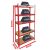 Piros fém polcrendszer 5 polccal, méretek és teherbírás