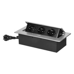 Priză Schuko încorporată ORNO cu 3 prize, cablu de 1,5 m, argintiu și negru - Prize