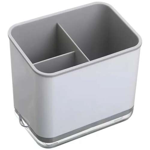 Grauer und weißer Besteckhalter mit 3 Fächern und einem durchsichtigen Abtropftablett