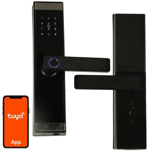 Smart door lock with fingerprint, keypad, and Bluetooth connectivity, controlled by Tuya app