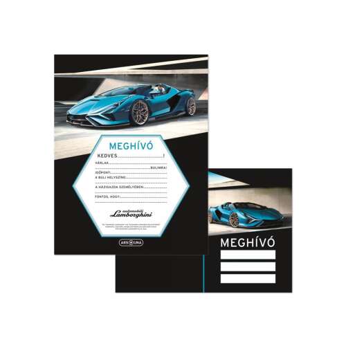 Set de invitații Ars Una Lamborghini cu plicuri, 10 bucăți, design cu mașină albastră