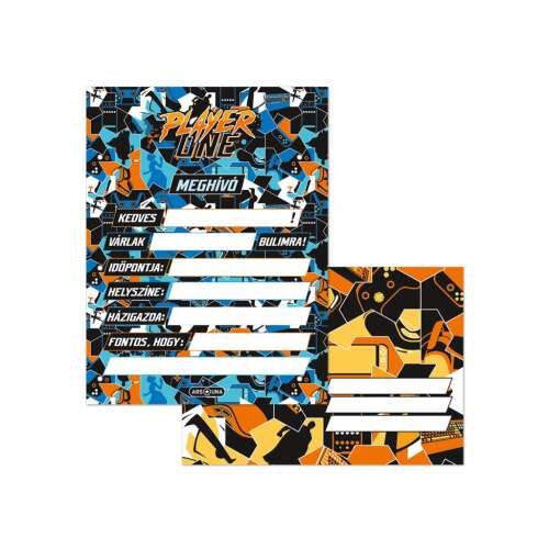 Set de invitații la petrecere pe temă de jocuri Player One cu plicuri, 10 invitații și 10 plicuri, design albastru și portocaliu