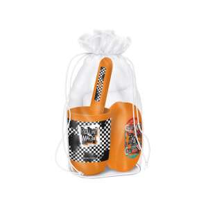 Set de igienă Ars Una Rollin' Mania, design portocaliu cu model în carouri alb-negru, include cană, suport pentru săpun, suport pentru periuță de dinți și prosop - Ars Una