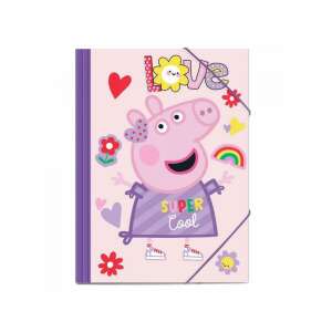 Luna Peppa Malac A/4-es mappa gumis záródással, rózsaszín, színes mintával, Peppa Malaccal, szívekkel, virágokkal és szivárvánnyal - Irattartó mappa