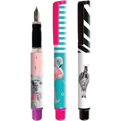 ICO Cresco töltőtollak állatmintákkal: láma, flamingó, zebra
