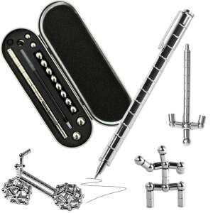 Premium Magnetic Modular Pen Set, Metal Box, with 13 Magnetic Rings, 12 Steel Balls, 3 Pen Refills, 2 Capacitive Tips, Silver