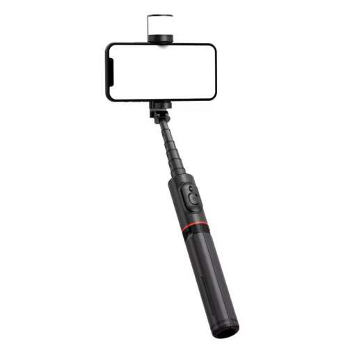 Q12s selfie stick s integrovaným LED svetlom, zobrazujúci roztiahnutý selfie stick s pripojeným smartfónom