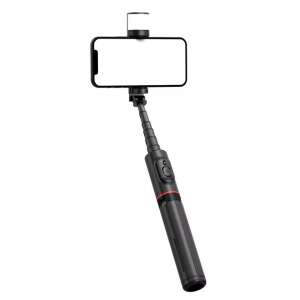 Stick selfie Q12s cu lumină LED încorporată, arătând stick-ul selfie extins cu un smartphone atașat - Selfie stick-uri