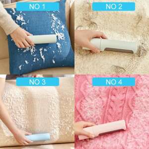 Collage of four images showing a person using the pet hair remover brush on different surfaces: a blue pillow, a white carpet, a beige carpet, and a pink sweater - Pet hair remover