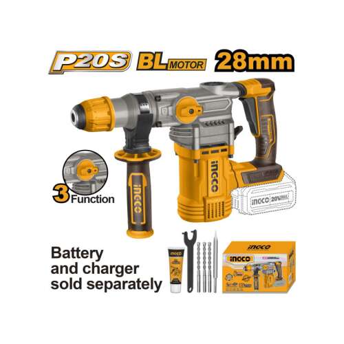 INGCO P20S 28 mm akkus SDS-Plus kombikalapács kefementes motorral, akkumulátor és töltő külön kapható