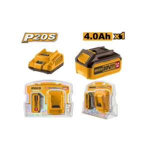 INGCO P20S 20V 4.0Ah akkumulátor és töltő szett, tartalmaz egy 4.0Ah akkumulátort és egy 2.0A töltőt - INGCO