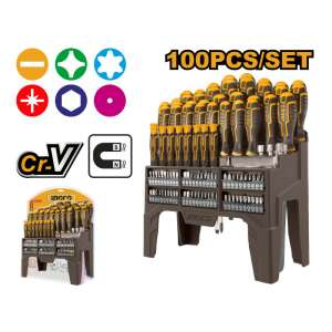 INGCO 100 részes csavarhúzó és bit készlet mágneses CrV-vel, különféle méretű és típusú csavarhúzókat és biteket tartalmaz - INGCO