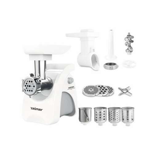 Zelmer ZMM9802B electric meat grinder with accessories, white, isolated on white background