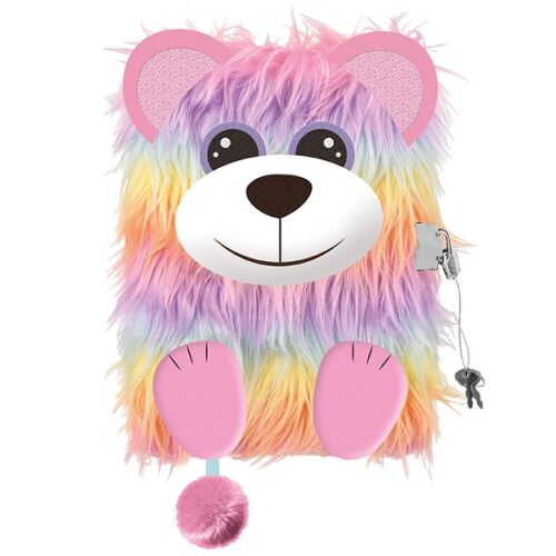 Szőrmés napló kulccsal 3D mintával A5 - Szivárvány maci