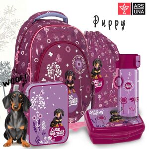 Ars Una Puppy 5 részes iskolatáska szett tacskó mintával, beleértve hátizsákot, tolltartót, tornazsákot, kulacsot és uzsonnás dobozt - Ars Una