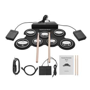 Hordozható elektronikus dobkészlet, 7 dob, 2 pedál, fekete, pálcikákkal, kábelekkel és kézikönyvvel - Hangszer szett