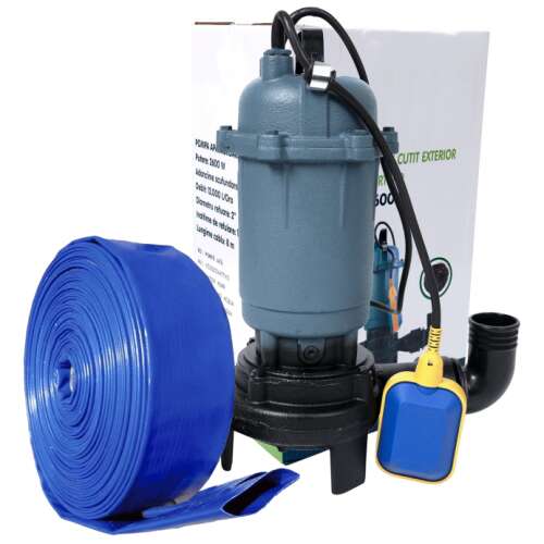 Euroaqua 2600W szennyvízszivattyú 50m PVC tömlővel, ideális pincék, szeptikus tartályok és kutak leeresztéséhez