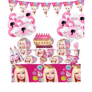 Set de articole pentru petreceri Barbie pentru 10 copii, include farfurii, pahare, servetele, fata de masa, paie, furculite, linguri, cutite, palarii de petrecere, baloane si decoratiuni - Accesorii pentru petrecere