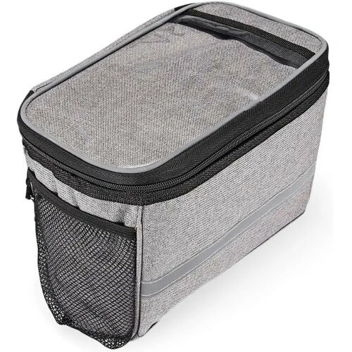 Angled view of Sahoo gray handlebar bike bag with mesh side pocket