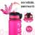 Close-up of the magenta motivational water bottle with time scale and quotes, 1 liter, showing the lid and straw
