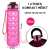 Magenta motivational water bottle with time scale and quotes, 1 liter, showing size and dimensions