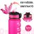 Magenta motivational water bottle with time markers and straw, one-hand opening