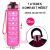 Magenta 1-liter motivational water bottle with time markers and carrying strap, compact size