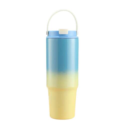 Blue and yellow gradient stainless steel tumbler with handle, 820 ml
