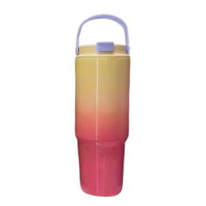 Yellow and pink gradient stainless steel tumbler with handle, 820 ml - Thermos and Beverage Holder
