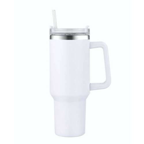 White stainless steel travel mug with handle and lid, 1200 ml capacity