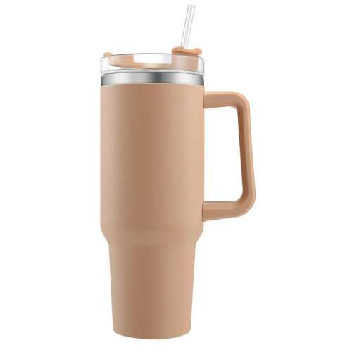 Brown stainless steel travel mug with handle and lid, 1200 ml capacity