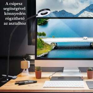 Czarna LEDowa lampa biurkowa z klipsem, regulowanym natężeniem światła i temperaturą barwową, przymocowana do biurka - Lampa stołowa